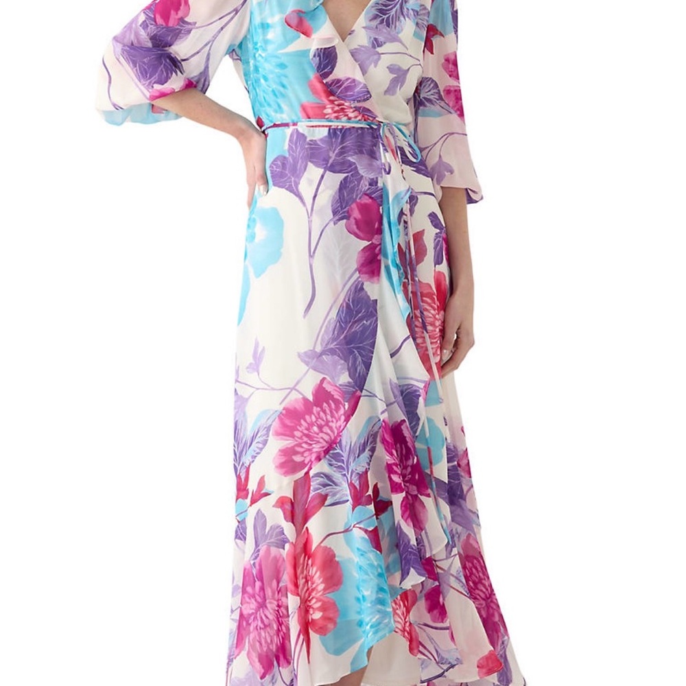 Maison Tara Floral Wrap Maxi Dress in White, Pink, Purple, Blue